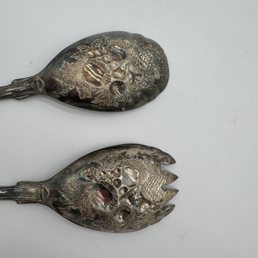 Antique FB Rogers Silver Plated Salad Serving Set Italy Fruit Pattern EPNS 9in - Picture 9 of 10